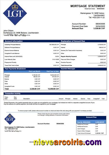 Liechtenstein LGT Bank mortgage statement Word and PDF template